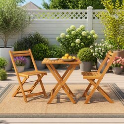 3 Piece Folding Bistro Set Solid Acacia Wood Outdoor Garden Dining Furniture