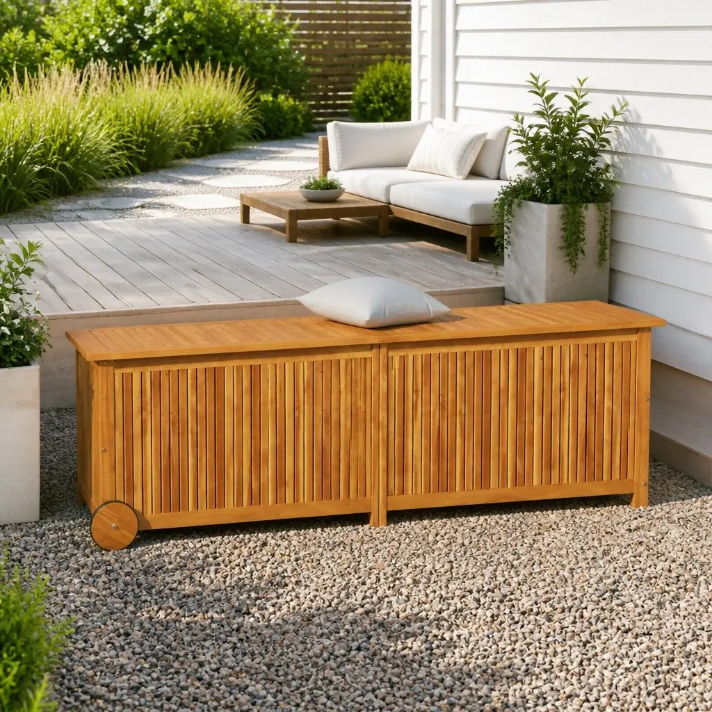 Garden Storage Box with Wheels Brown Solid Wood Outdoor Furniture 150x50x58cm