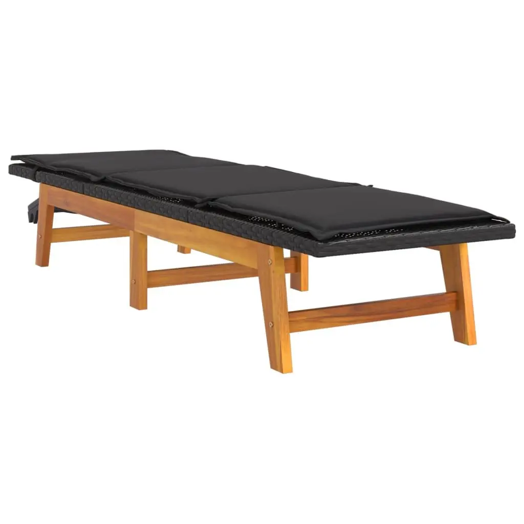 Sun Lounger Adjustable Backrest Black Poly Rattan Solid Wood Acacia