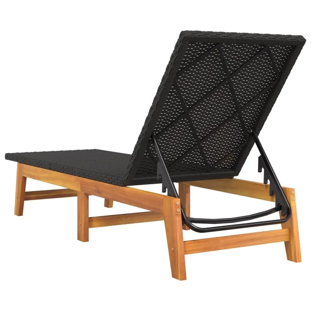 Sun Lounger Adjustable Backrest Black PE Rattan Acacia Wood Garden Patio Pool Chair