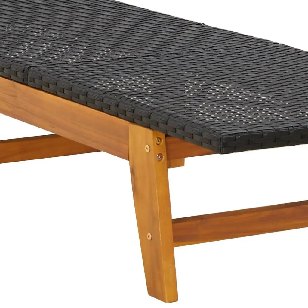 Sun Lounger Adjustable Backrest Black PE Rattan Acacia Wood Garden Patio Pool Chair