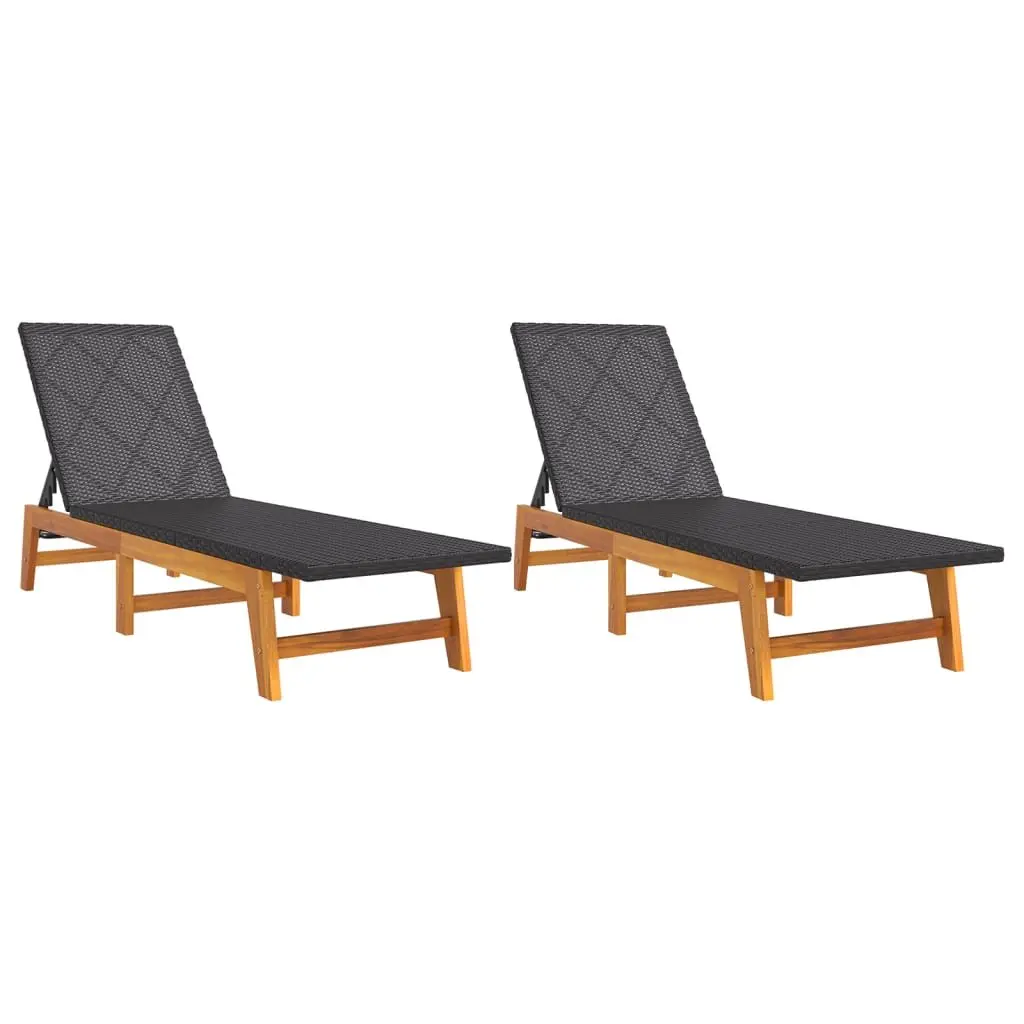 Black Rattan and Wood Sun Lounger Set
