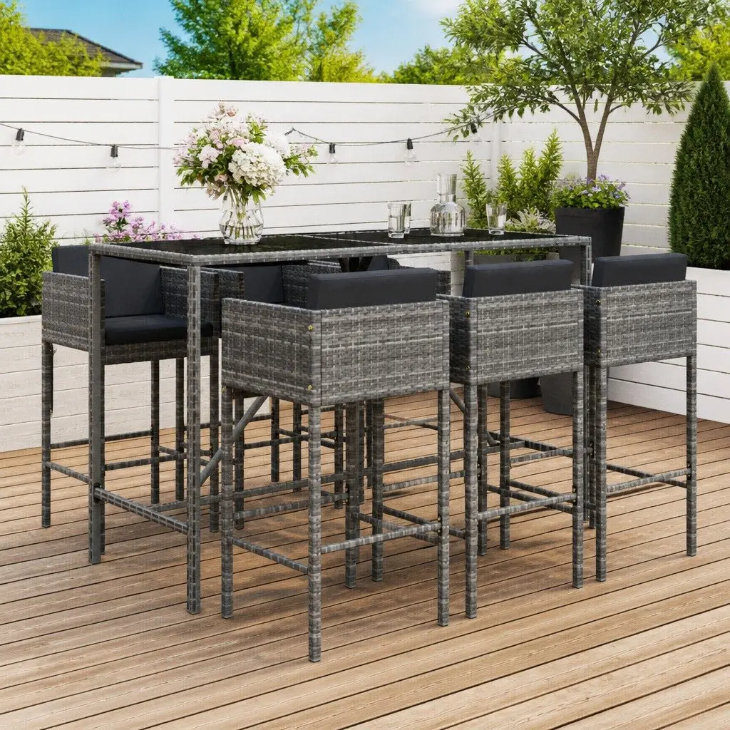 Garden Bar Set 7 Piece Outdoor Patio Furniture Cushioned Grey Rattan Stools