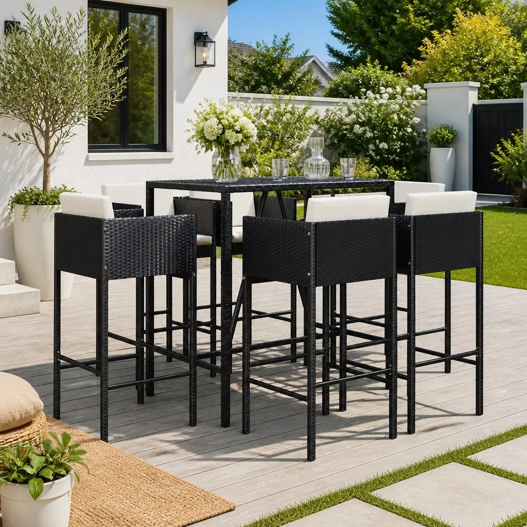 Garden Bar Set Outdoor Furniture 7 Piece Cushioned Seating Black