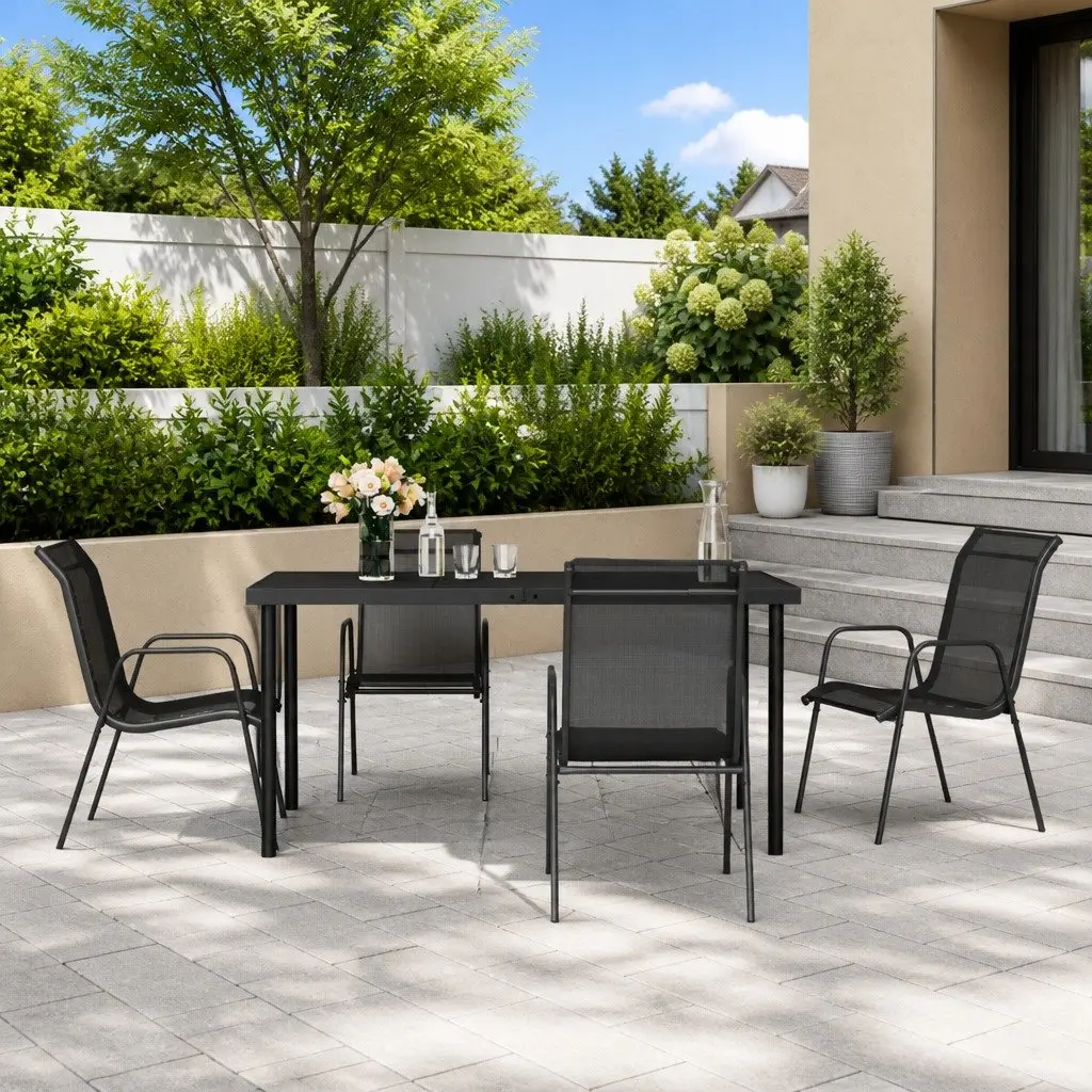 5 Piece Patio Dining Set Glass Table Black Steel Chairs Textilene Outdoor