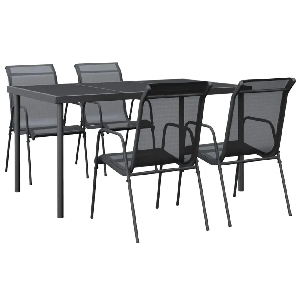5 Piece Patio Dining Set Glass Table Black Steel Chairs Textilene Outdoor