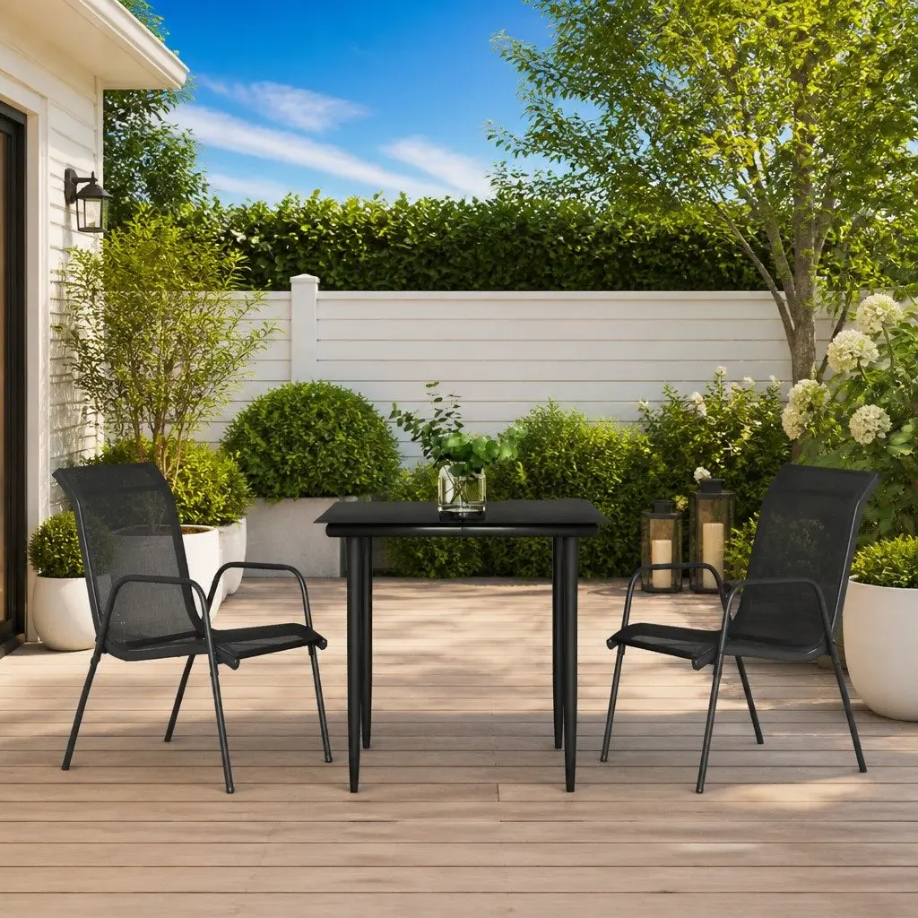 Outdoor Furniture Set 3 Piece Dining Garden Black Steel Textilene Chairs Table