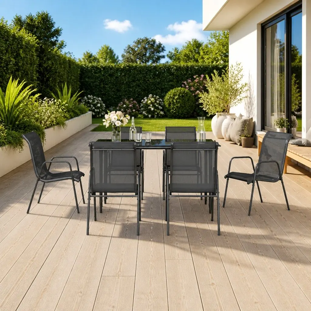 Outdoor Garden Dining Set 7 Piece Steel Textilene Chairs Table Black Patio