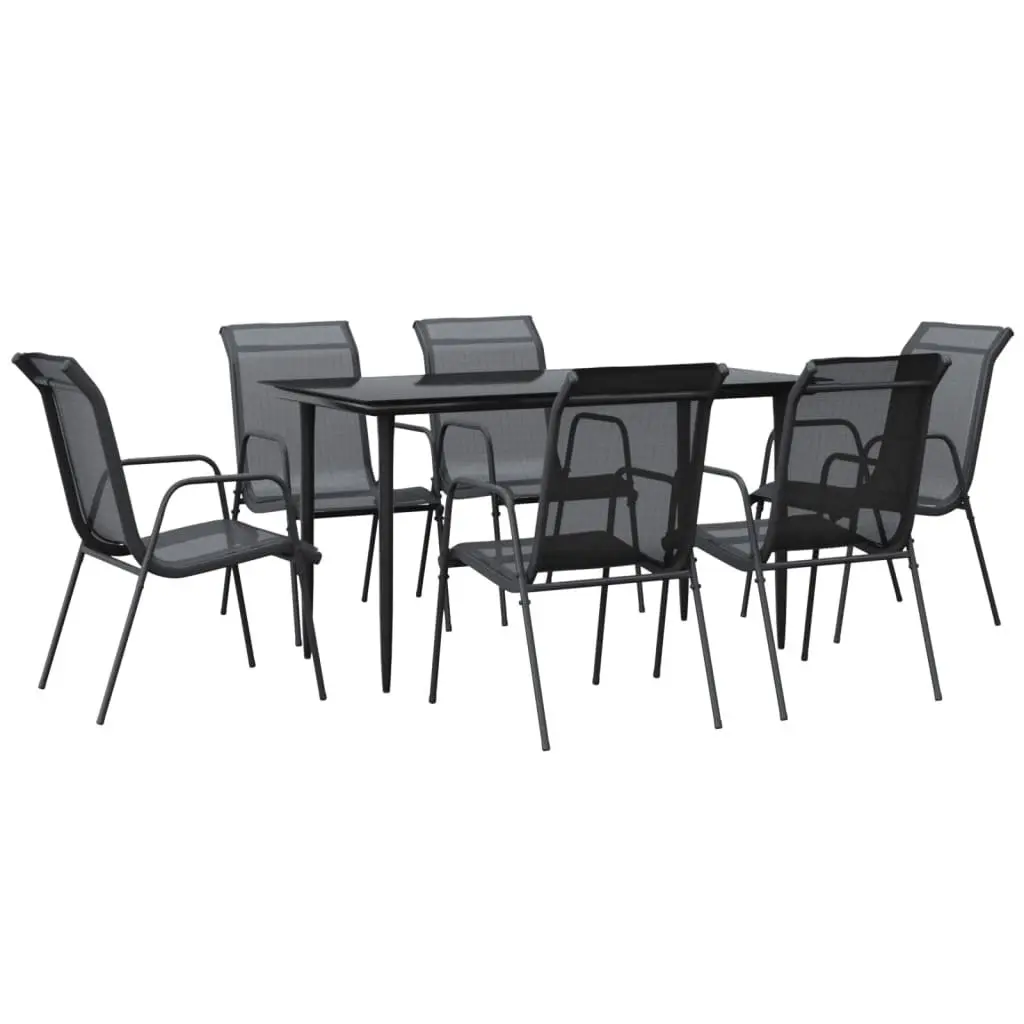 Outdoor Garden Dining Set 7 Piece Steel Textilene Chairs Table Black Patio