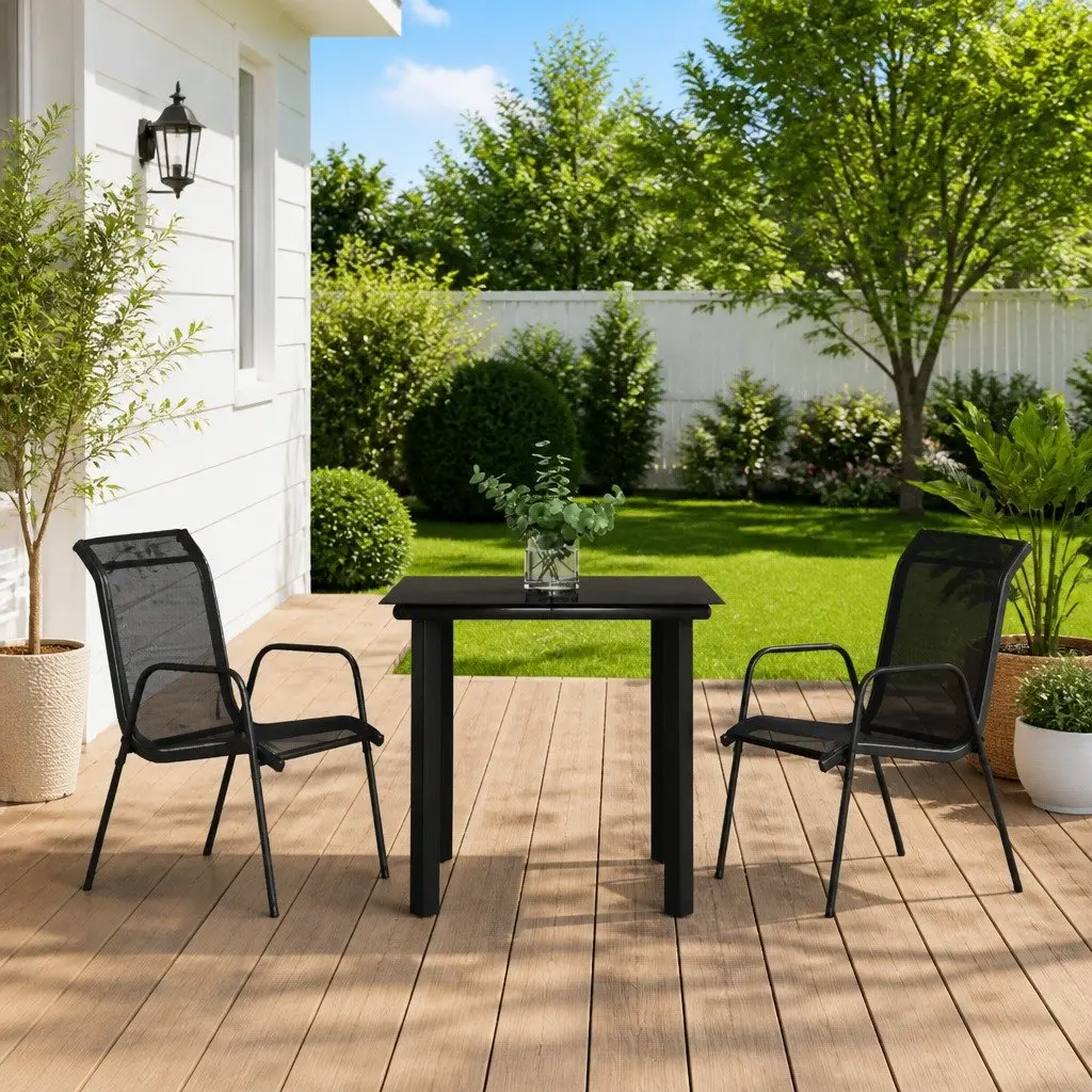 Outdoor Furniture Set Black Textilene Armchairs Tempered Glass Table 3 Piece Garden Dining