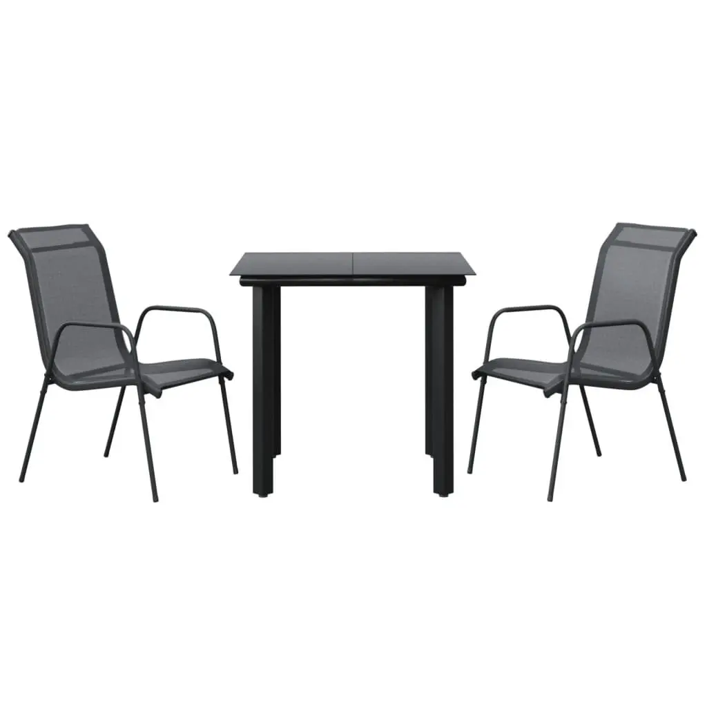 Outdoor Furniture Set Black Textilene Armchairs Tempered Glass Table 3 Piece Garden Dining
