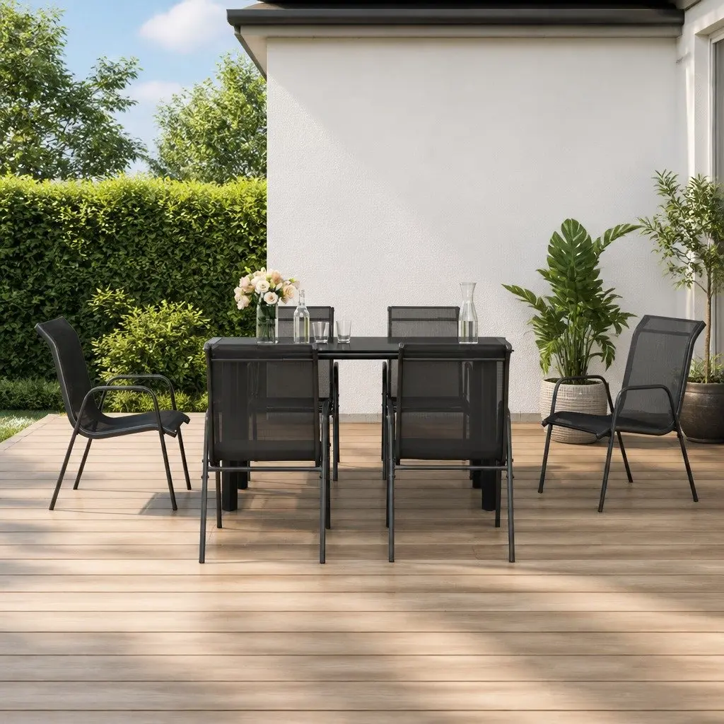 7 Piece Outdoor Dining Set Black Steel Textilene Chairs Tempered Glass Table