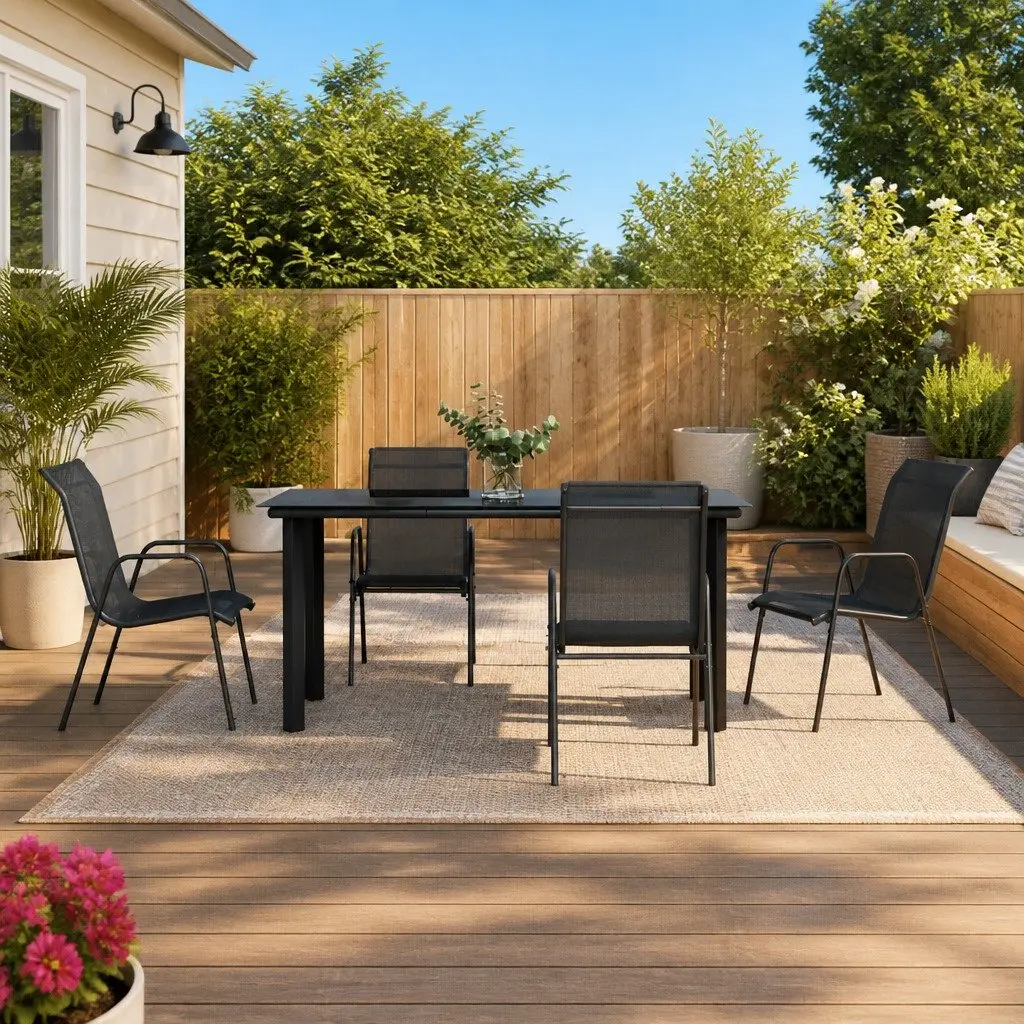Garden Dining Set 5 Piece Outdoor Table Black Steel Textilene Chairs