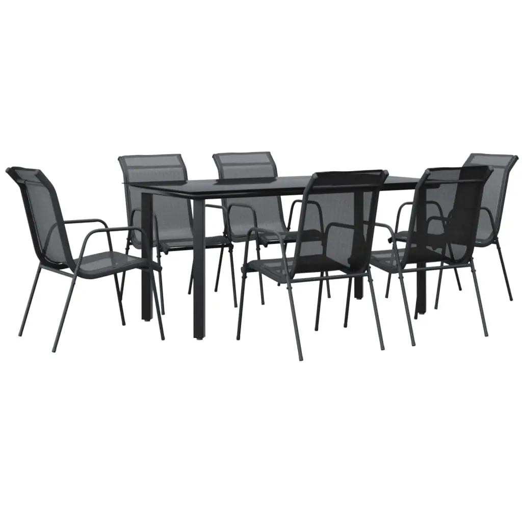 Outdoor Dining Set 7 Piece Garden Furniture Black Steel Glass Table Chairs
