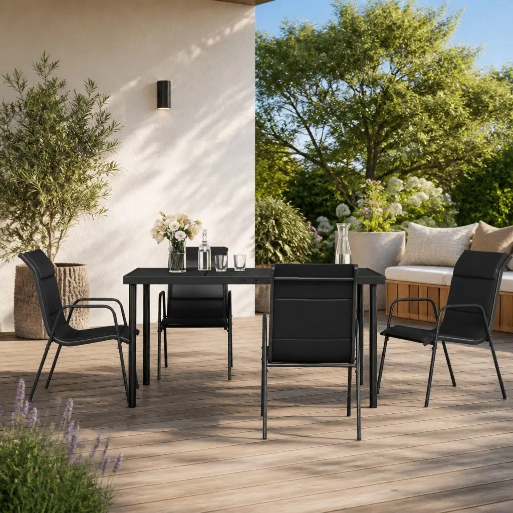 Outdoor Dining Set 5 Piece Garden Furniture Black Textilene Steel Chairs Table