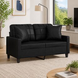 2-Seater Sofa Modern Design Faux Leather Lounge Couch with Throw Pillows Black