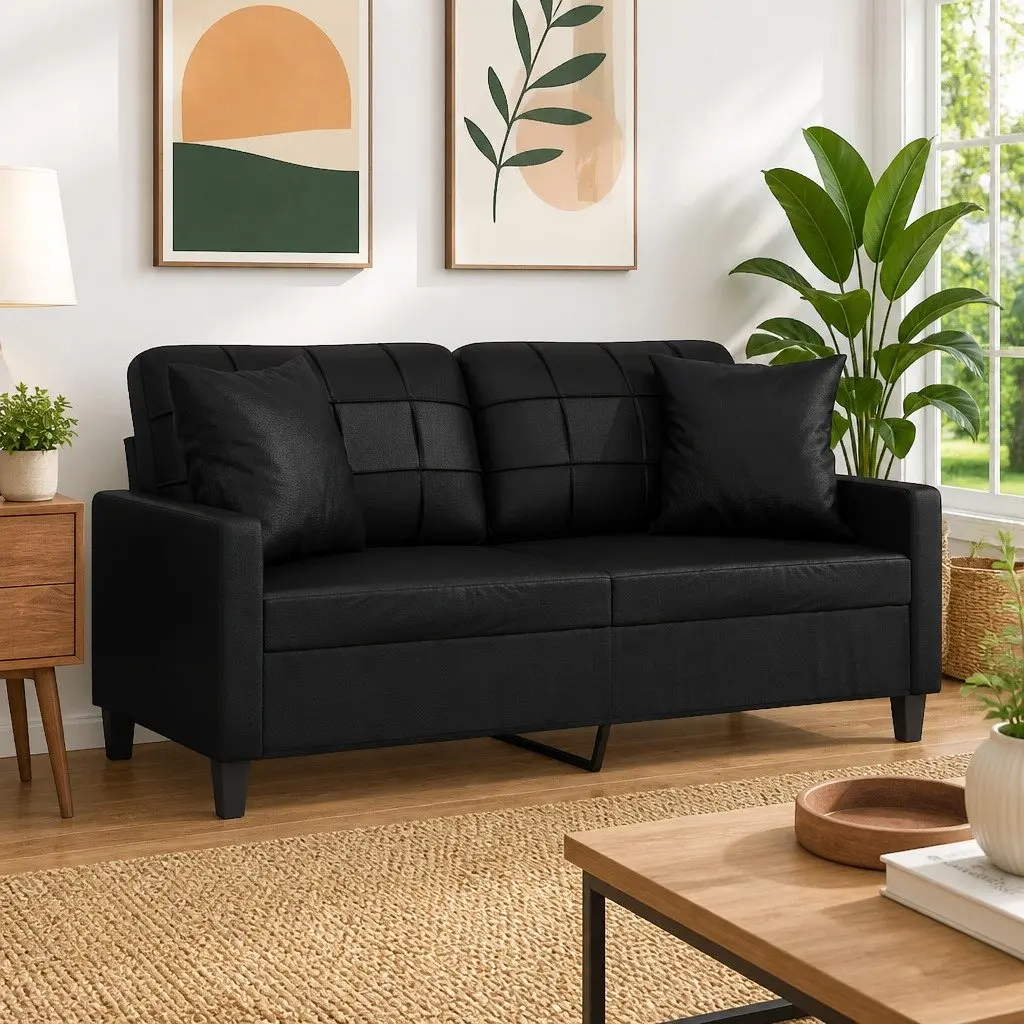 2-Seater Sofa Black Faux Leather Modern Lounge Couch 140cm