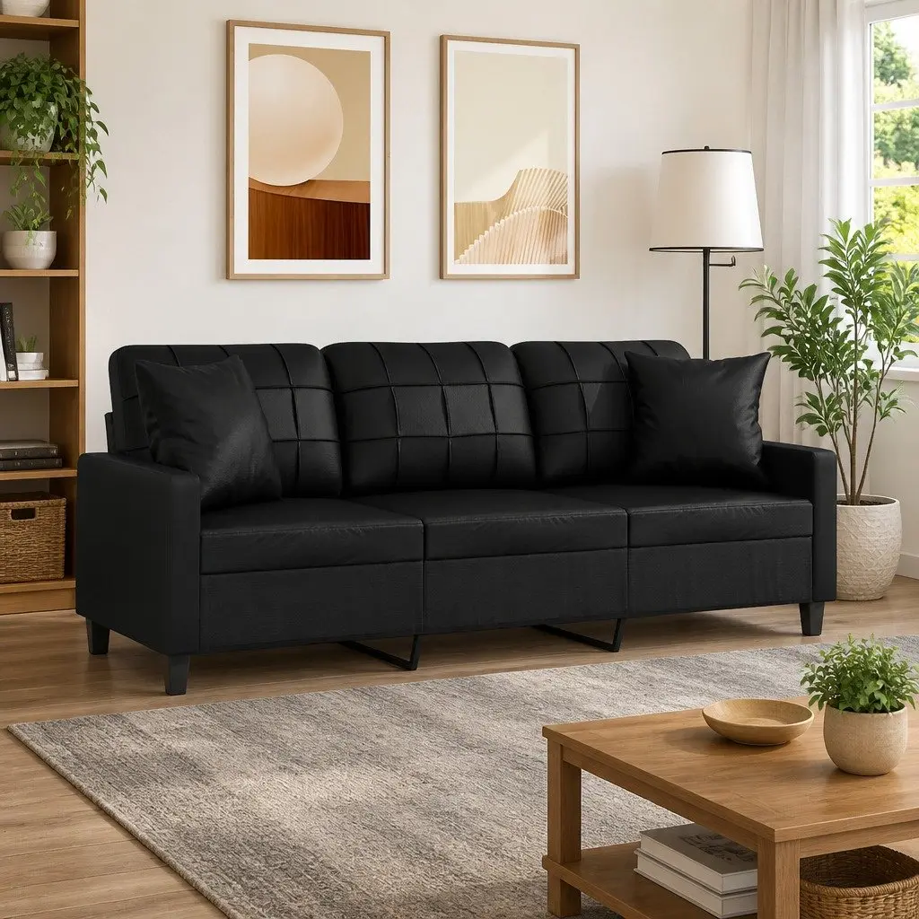 Black Faux Leather Sofa with Throw Pillows