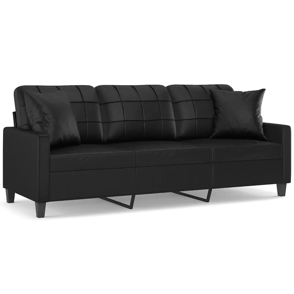 Black Faux Leather Sofa with Throw Pillows