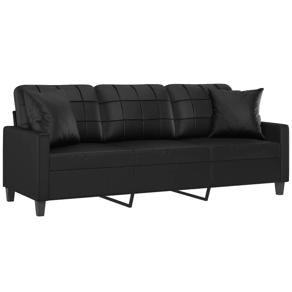 Black Faux Leather Sofa with Throw Pillows