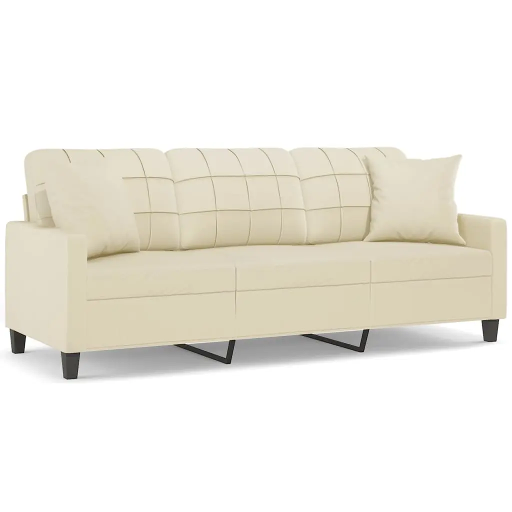 3-Seater Sofa Cream 180cm Faux Leather Couch for Living Room with Throw Pillows