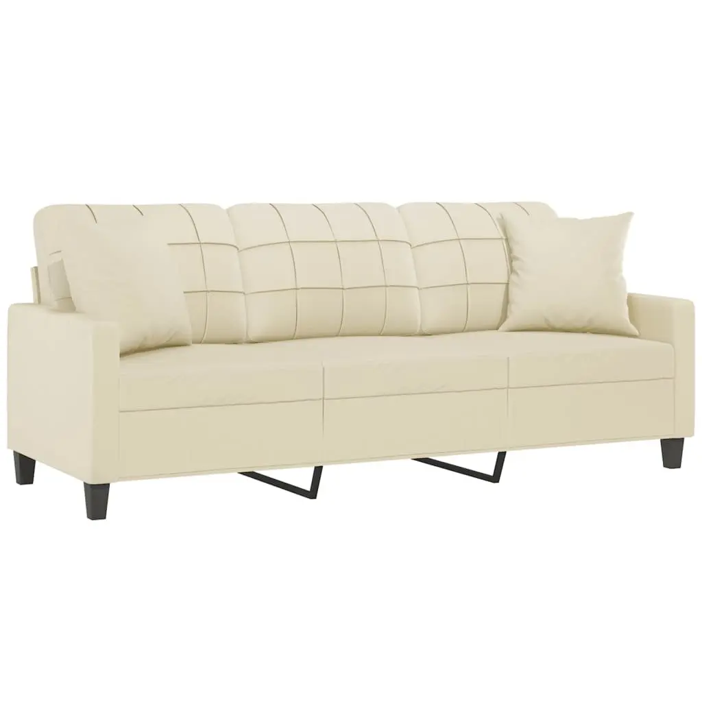 3-Seater Sofa Cream 180cm Faux Leather Couch for Living Room with Throw Pillows
