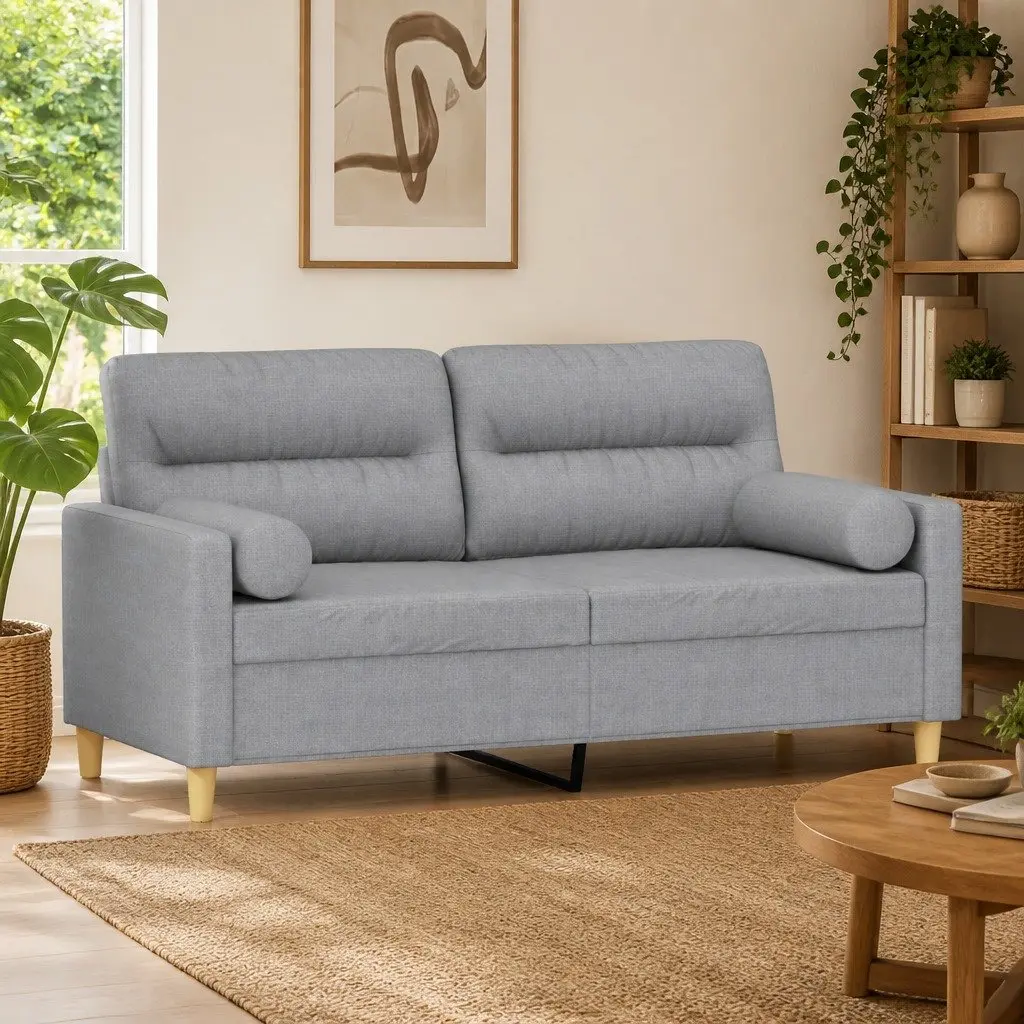 Grey Fabric 2-Seater Sofa with Pillows