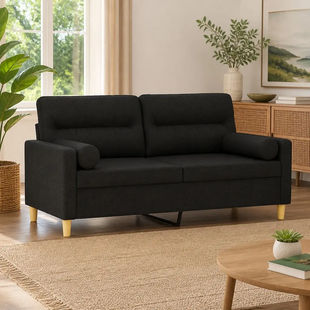 Fabric Couch 2-Seater Lounge 140cm Black with Throw Pillows