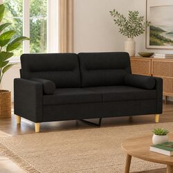 2-Seater Sofa Black 140cm Modern Lounge with Throw Pillows Fabric Couch