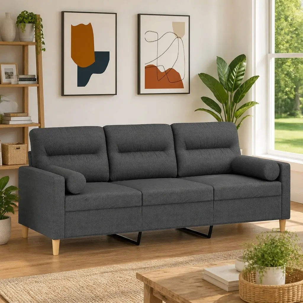 3-Seater Sofa Dark Grey Fabric 180cm Lounge Couch with Throw Pillows Living Room