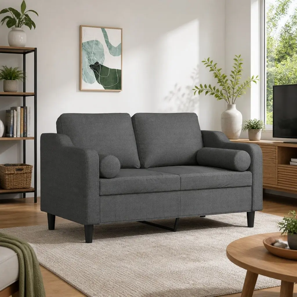 Grey Fabric 2-Seater Sofa with Pillows