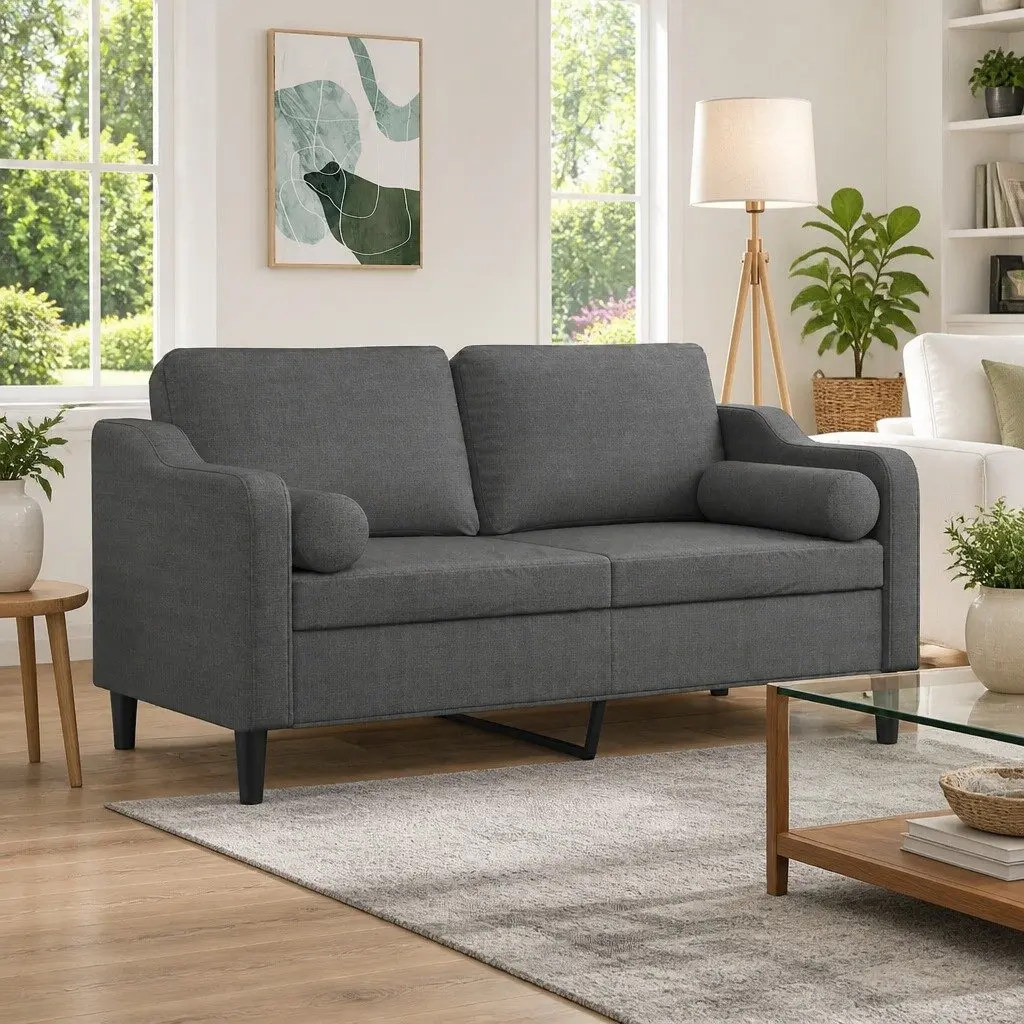 2-Seater Sofa for Living Room Grey Fabric 140cm with Metal Frame and Throw Pillows