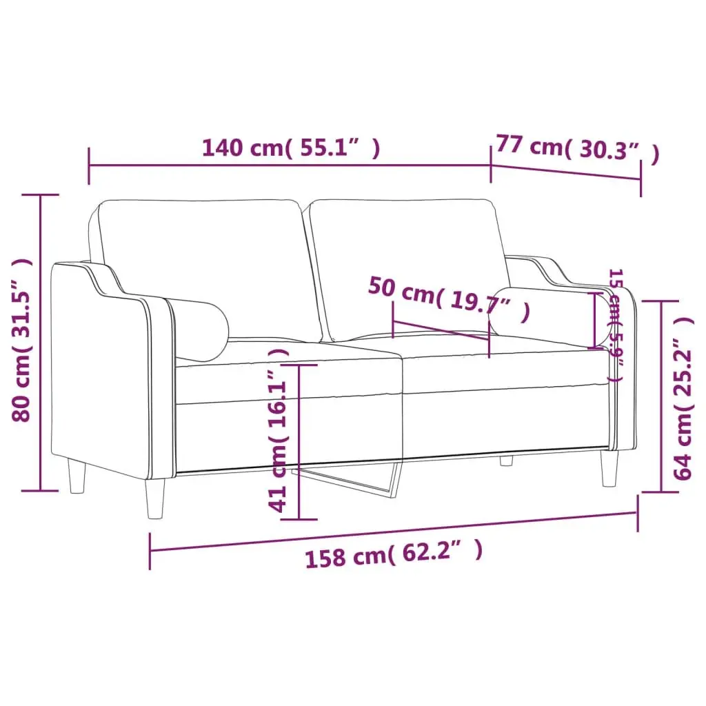 2-Seater Sofa for Living Room Grey Fabric 140cm with Metal Frame and Throw Pillows