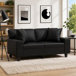2-Seater Sofa Black Faux Leather Modern Design 120cm Lounge with Throw Pillows