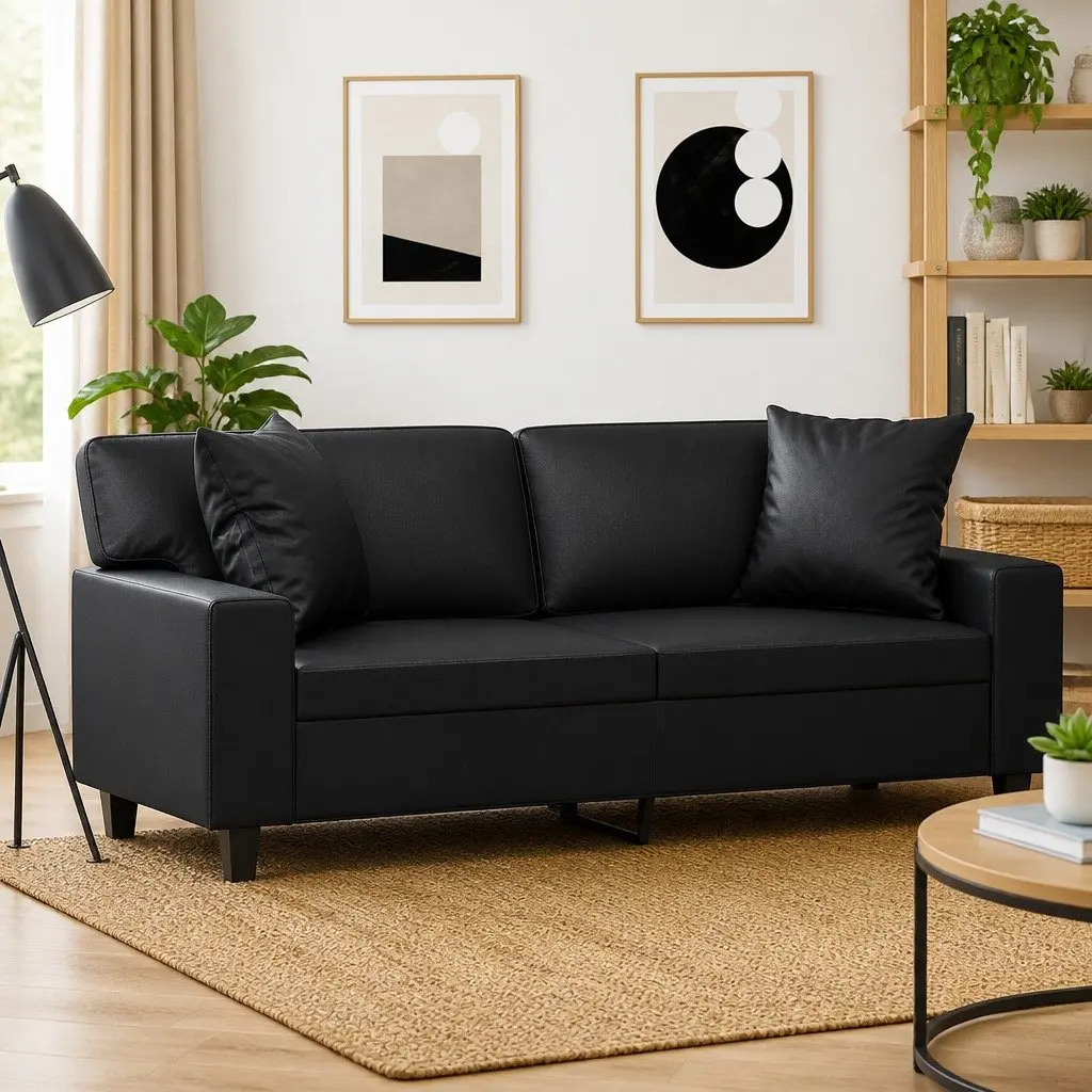 2-Seater Sofa Black Faux Leather Modern Lounge Couch 140cm