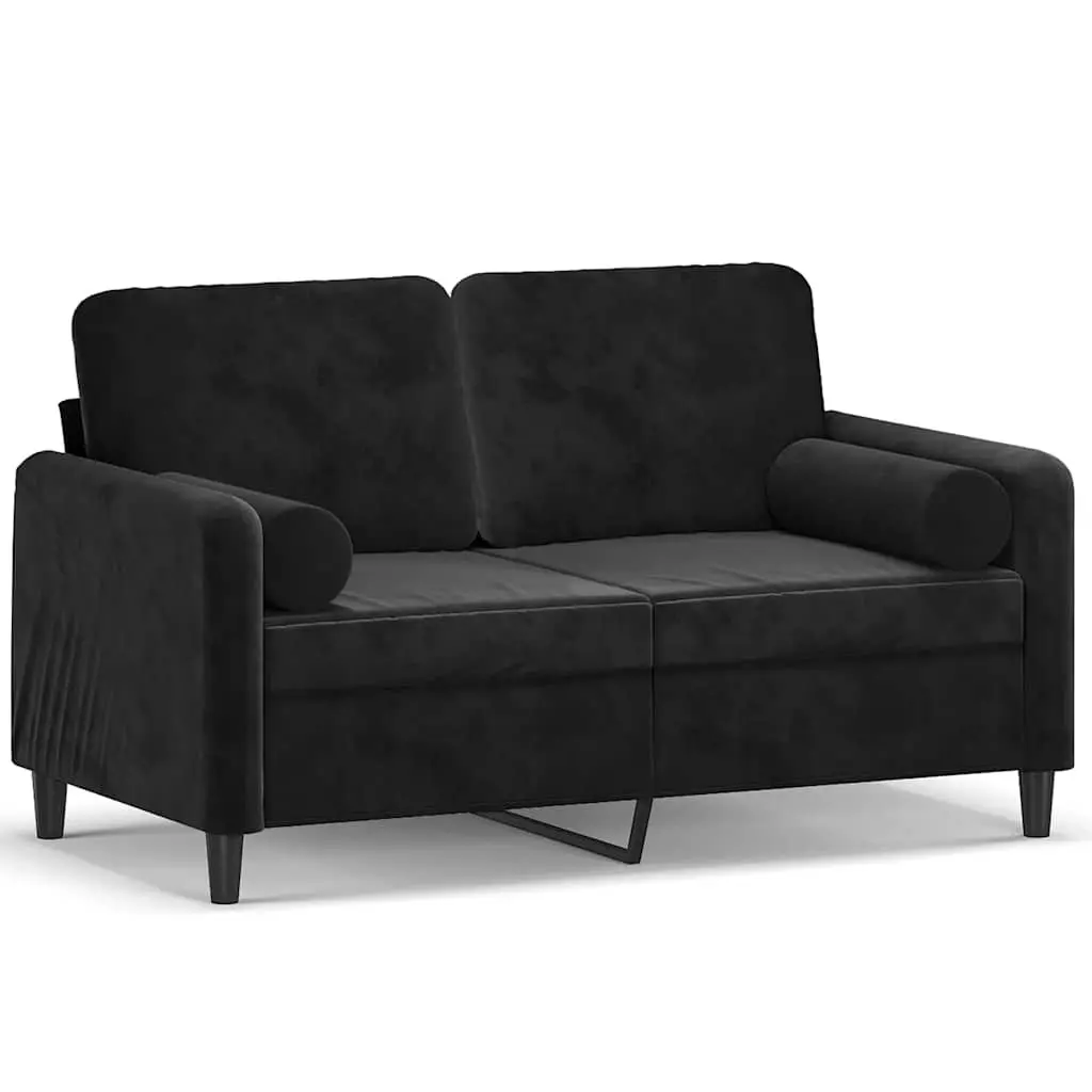 2-Seater Sofa Velvet Black 120cm Modern Lounge Couch with Throw Pillows