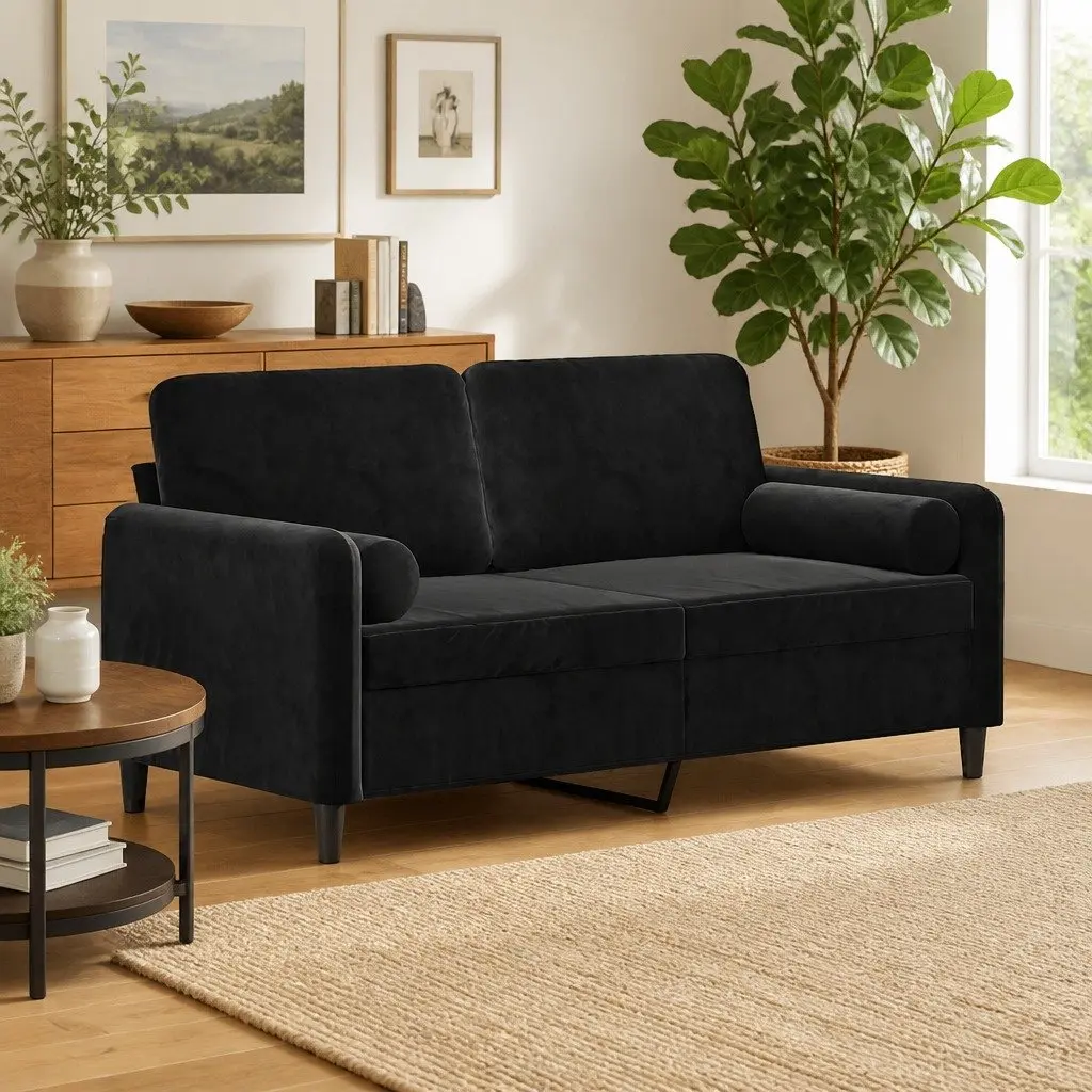 2-Seater Sofa Black 140cm Modern Lounge Velvet Couch