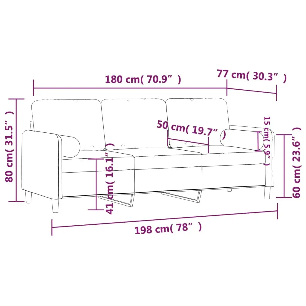 3-Seater Sofa Grey 180cm Modern Lounge Couch Velvet Cushions Throw Pillows