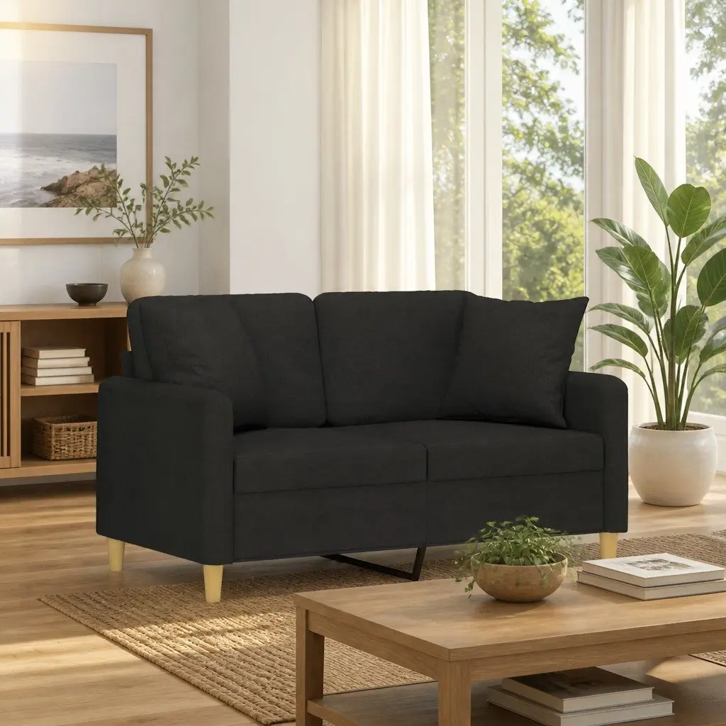 Fabric Sofa 2-Seater Lounge Black 120cm with Throw Pillows