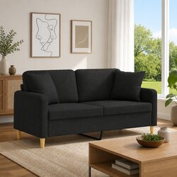 2-Seater Sofa Black Fabric Modern Lounge Couch with Throw Pillows 140cm