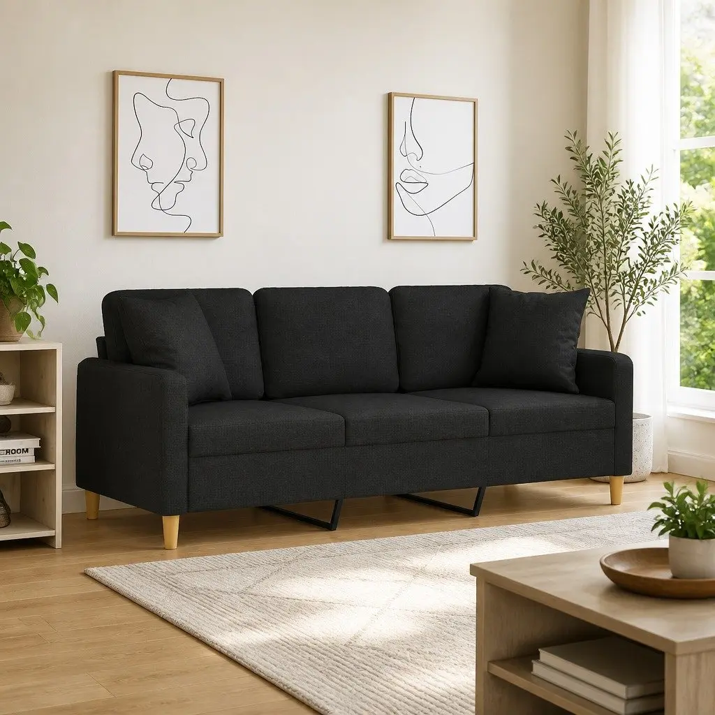 Black Fabric 3-Seater Sofa with Cushions