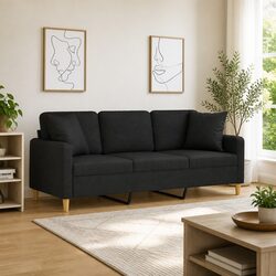 3-Seater Sofa Modern Design Black Fabric Lounge Couch with Throw Pillows 180cm