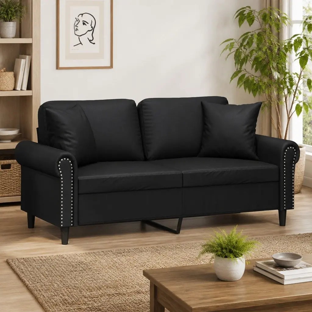 2-Seater Sofa Black 140cm Modern Lounge Faux Leather
