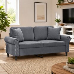 Comfortable 2-Seater Grey Velvet Sofa with Pillows