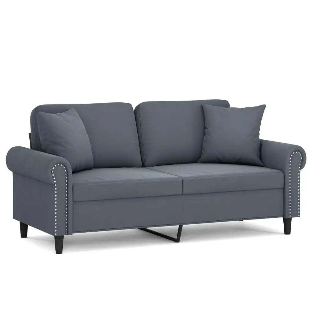 2-Seater Sofa Modern Velvet Seating Grey with Throw Pillows