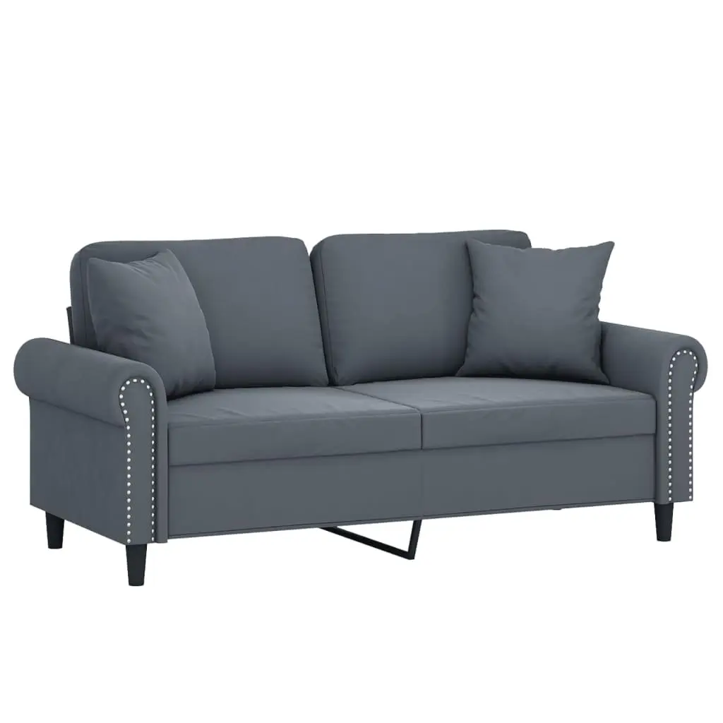 2-Seater Sofa Modern Velvet Seating Grey with Throw Pillows