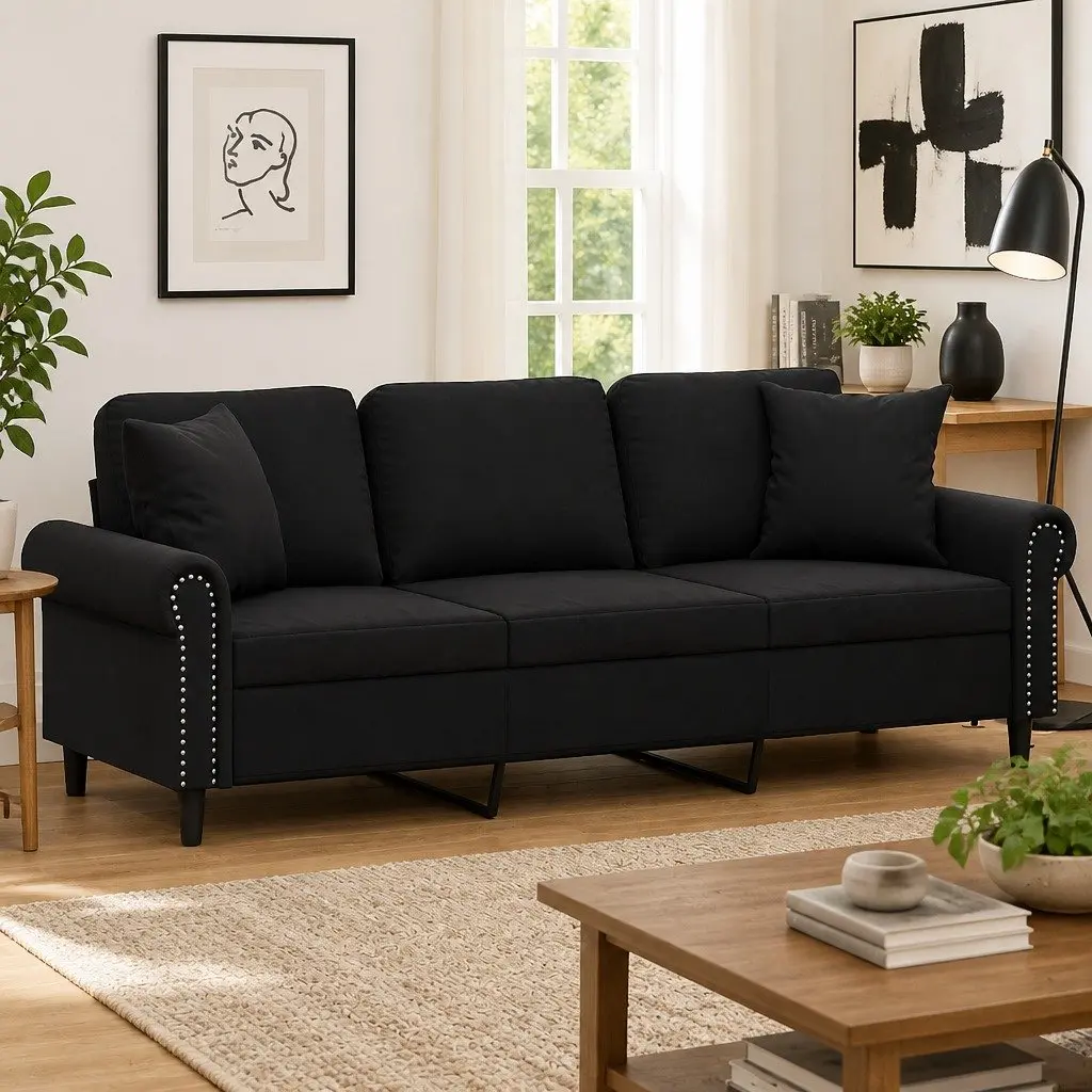 3-Seater Sofa Black 180cm Modern Lounge Velvet Couch