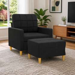 Comfortable Black Fabric Sofa Chair with Footstool Set