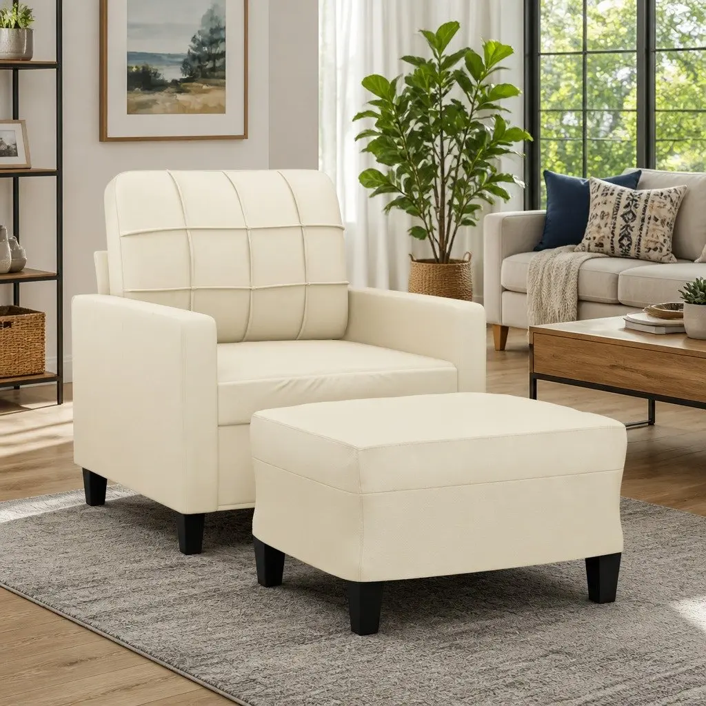 Sofa Chair Relaxing Cream Faux Leather Armchair with Footstool