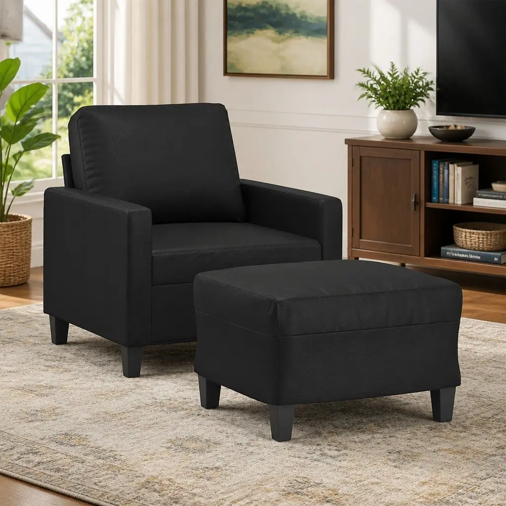 Sofa Chair Footstool Relaxing Compact Black Faux Leather